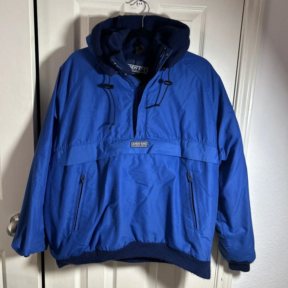 Lands End Pullover Jacket Large Parka Blue Lined Pockets Made in USA Vintage
